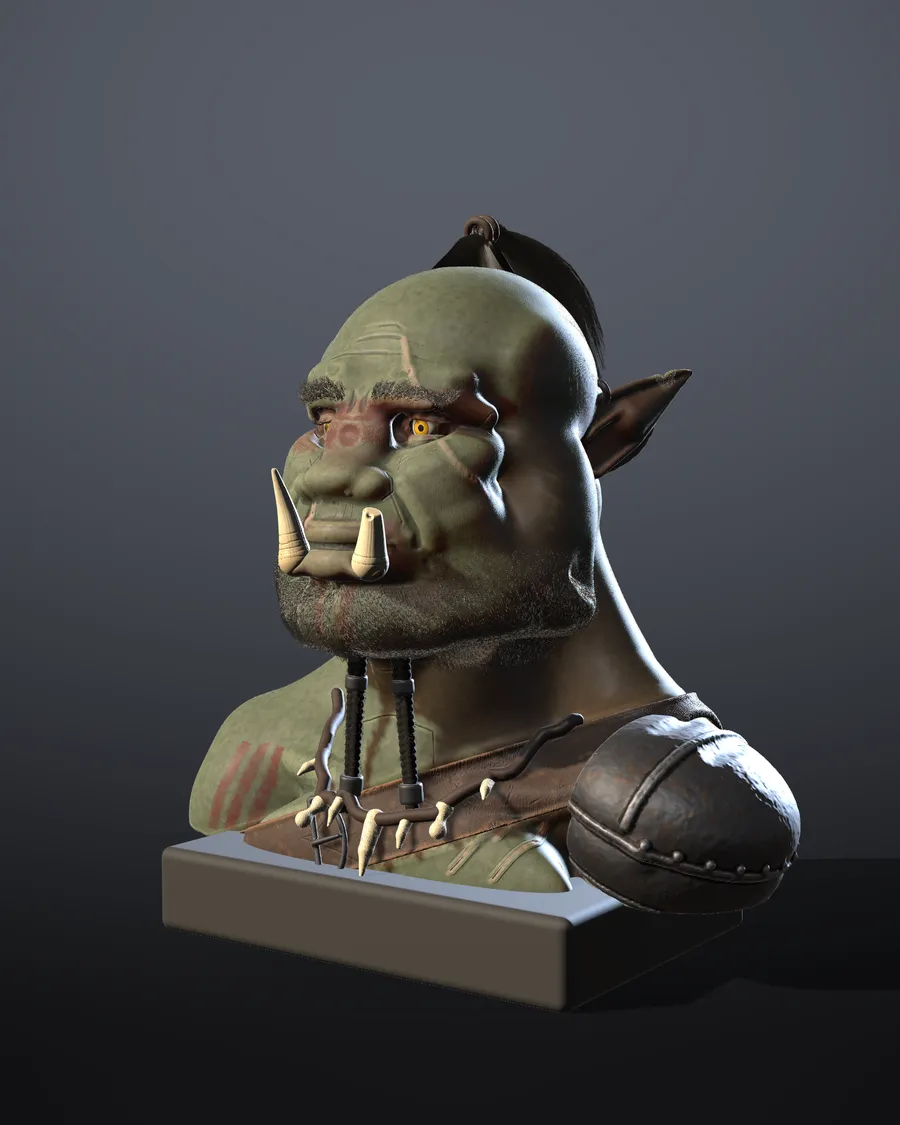 The finished orc bust from three-quarter view under Dramatic light